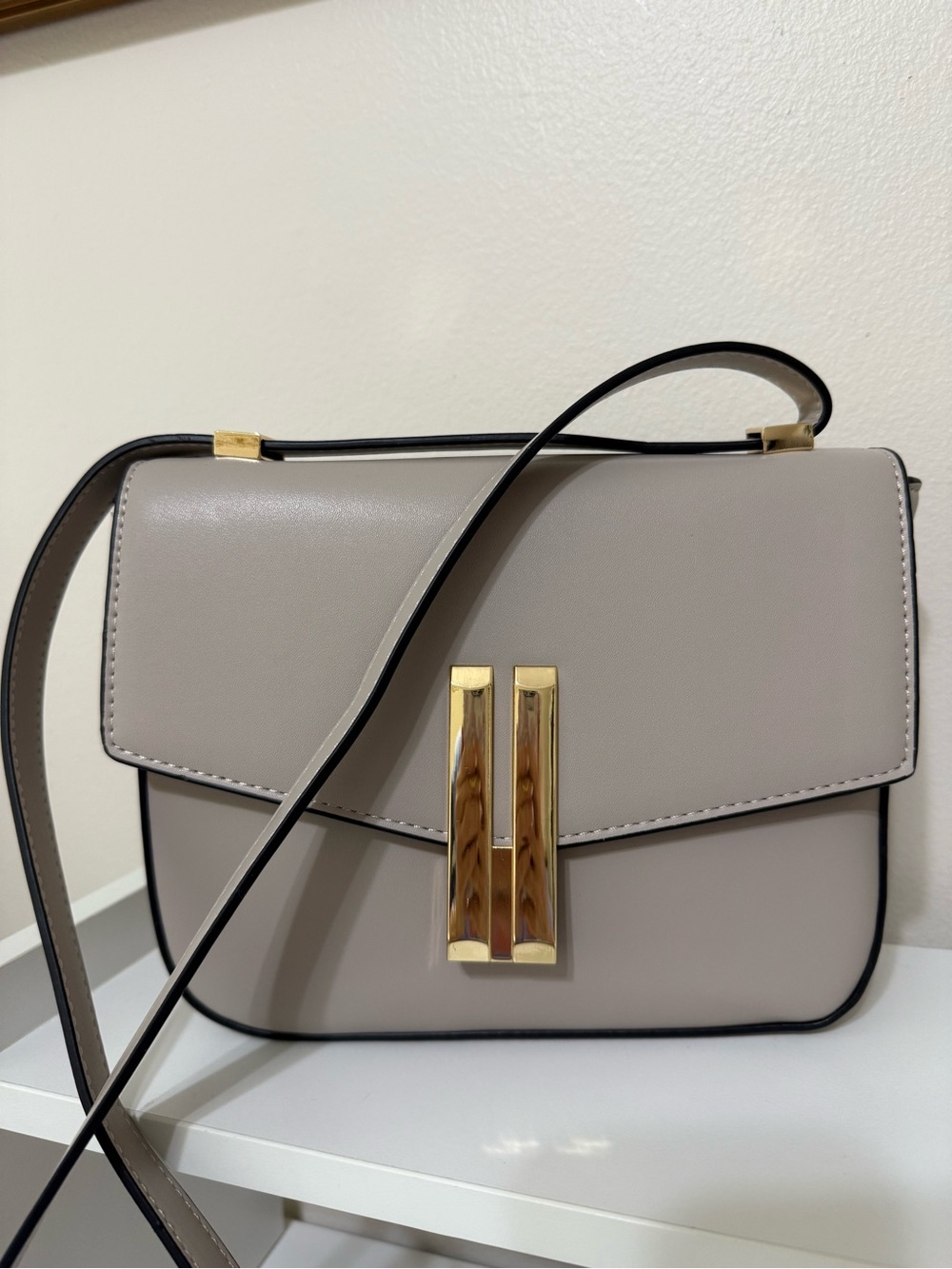 Taupe Gray Crossbody shoulder bag with gold tone hardware